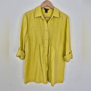 100% Linen Blouse By Peck And Peck Pretty Yellow With Hint Of Green Large